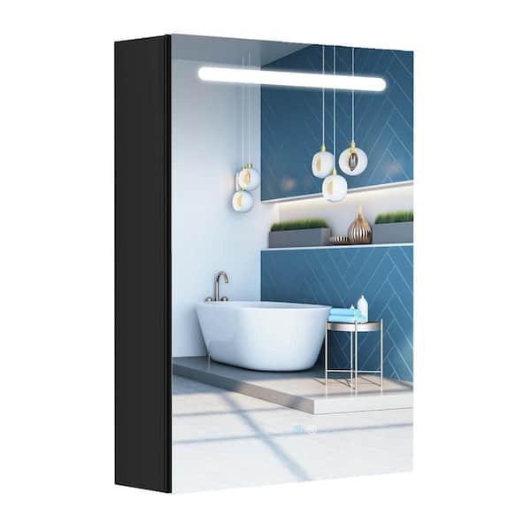 Getpro 20 in. W x 30 in. H Large Black Aluminum Surface Mount Medicine Cabinet with LED Lighting and Mirror Defogger