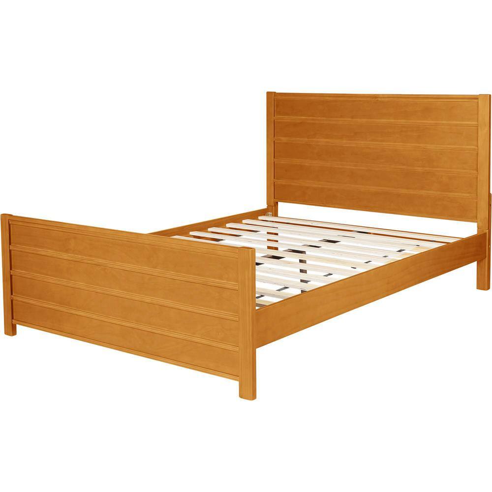 Caroline Pine Queen Platform Bed with Drawer and Slatted Headboard, Oak