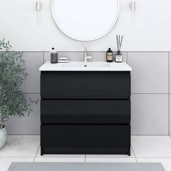 VOLPA USA AMERICAN CRAFTED VANITIES Pepper 36 in. W x 20 in. D Bath Vanity in Glossy Black with Acrylic Vanity Top in White with White Basin