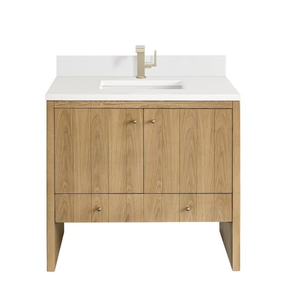 James Martin Vanities Hudson 36.0 in. W x 23.5 in. D x 34.2 in. H Single Bathroom Vanity in Light Natural Oak with White Zeus Quartz Top