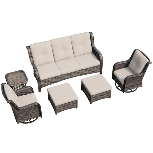6-Piece Wicker Outdoor Sectional Sofa Set Patio Conversation with Beige Cushions