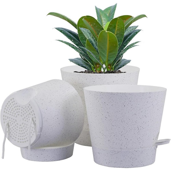 ITOPFOX Modern 10 in. L x 10 in. W x 7.6 in. H White/Brown Plastic Round Indoor/Outdoor Planter (3-Pack)