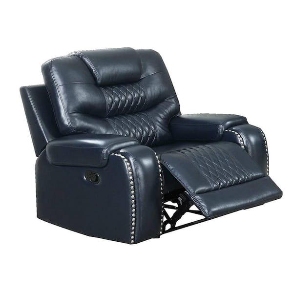 Benjara Blue Leather Manual Recliner with Diamond Tufted