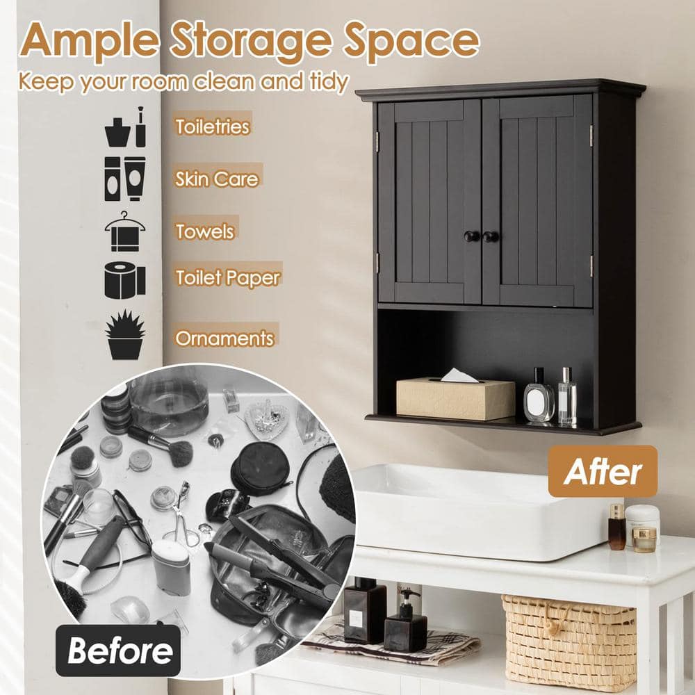 Espresso MDF Wall Mount Bathroom Cabinet with Open Shelf