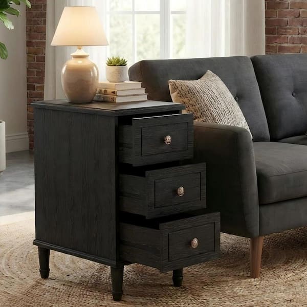 Fnova 25 in. H Solid Wood Black Rectangle End Table with 3 Drawers