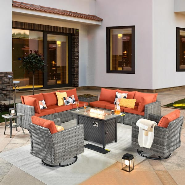 weaxty W Daffodil L Gray 11-Piece Wicker Patio Fire Pit Conversation Sofa Set with Swivel Rocking Chairs and Orange Red Cushions