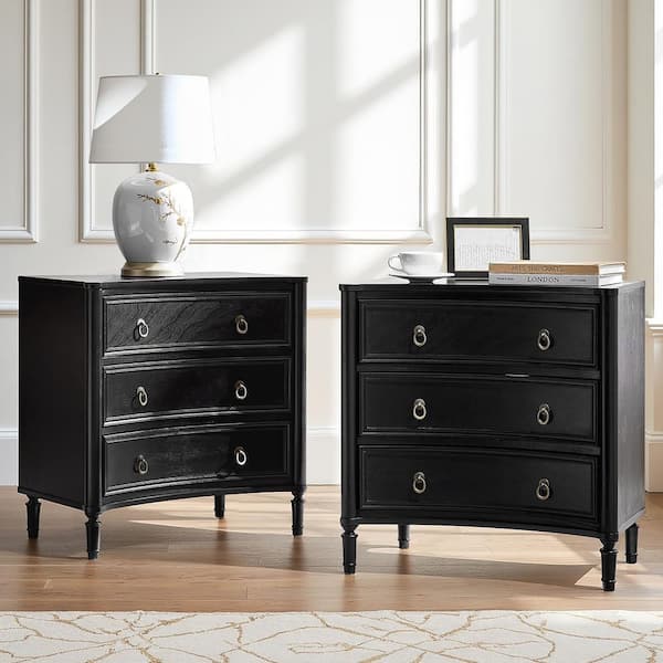 Ken Black 3-Drawer 26 in. W Curved Silhouette Nightstand with Built-in Charging Station Set of 2