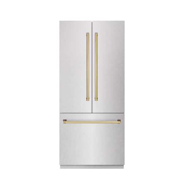 36 in. 19.6 cu. ft. Counter Depth Bottom Freezer Refrigerator in DuraSnow with Stainless Interior and Gold Accents