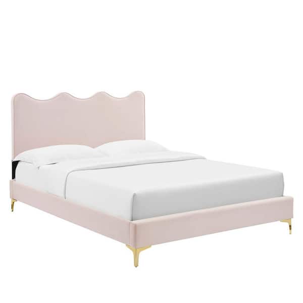 MODWAY Current Performance Velvet Queen Platform Bed in Pink with Gold Legs