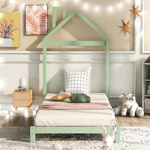 Green Twin Size Wood Platform Bed Frame with House Shape Headboard, Low-Profile Twin Kids Platform Bed with Wooden Slats