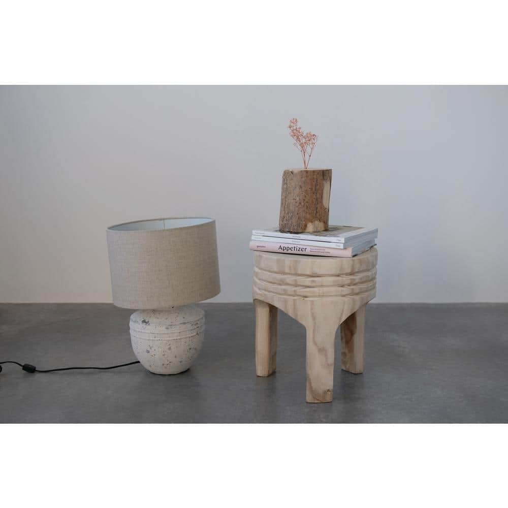 Distressed White Cement Table Lamp with Beige Linen Shade