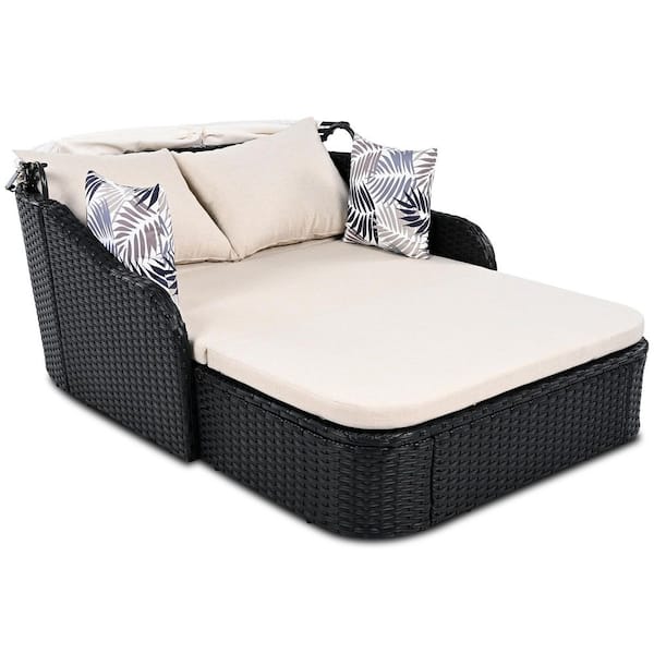 Black Wicker Outdoor Day Bed Double Lounge with Adjustable Canopy and Beige Cushions