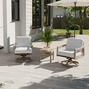 Posh Frame 3-Piece Wood-Grain Aluminum Outdoor Conversation Set with Rattan Chair Back and Light Gray Cushions