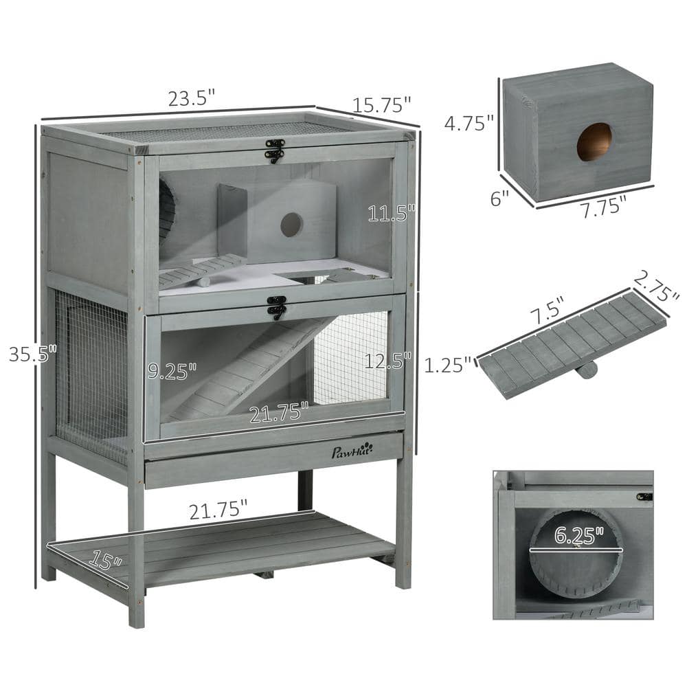 Grey Wooden Hamster Cage with Storage Shelf and Ramp