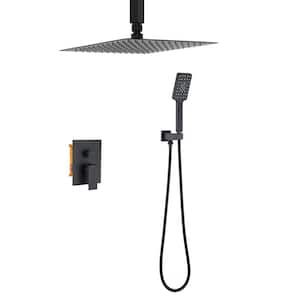 1-Spray Patterns 12 in. Ceiling Mounted Rain Dual Shower Heads with Hand Shower in Matte Black ( Valve Included)