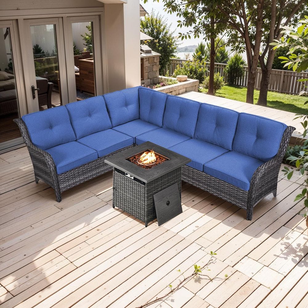 Arcline 3-Piece Gray Wicker Fire Pit Conversation Set with Olefin Blue Cushions and L-Shaped Sofa/Fire Pit Table price history on PriceWatchPro