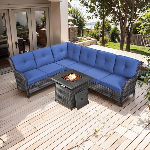 moosprr 3-Piece Gray Wicker Fire Pit Conversation Set with Olefin Blue Cushions and L-Shaped Sofa/Fire Pit Table