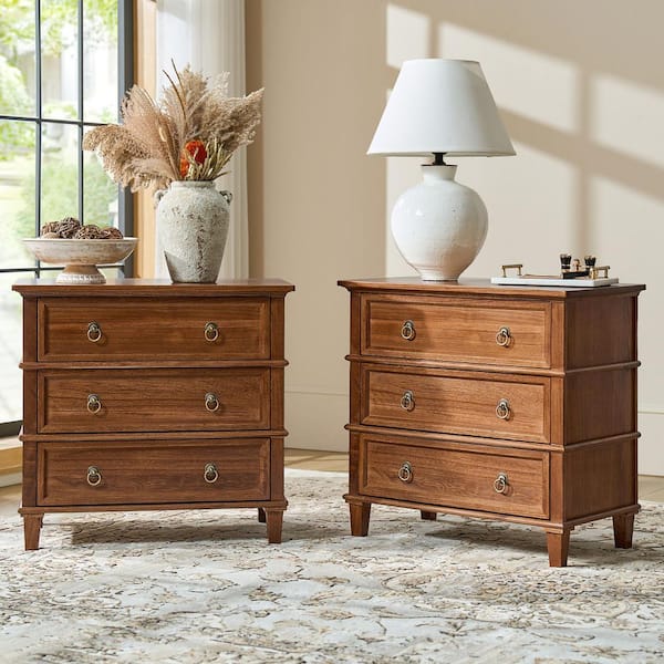 Olinto Cherry 3-Drawer 28 in. W Nightstand (Set of 2)