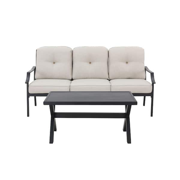 TOP HOME SPACE 1-Piece Metal Outdoor Loveseat with Beige Cushions
