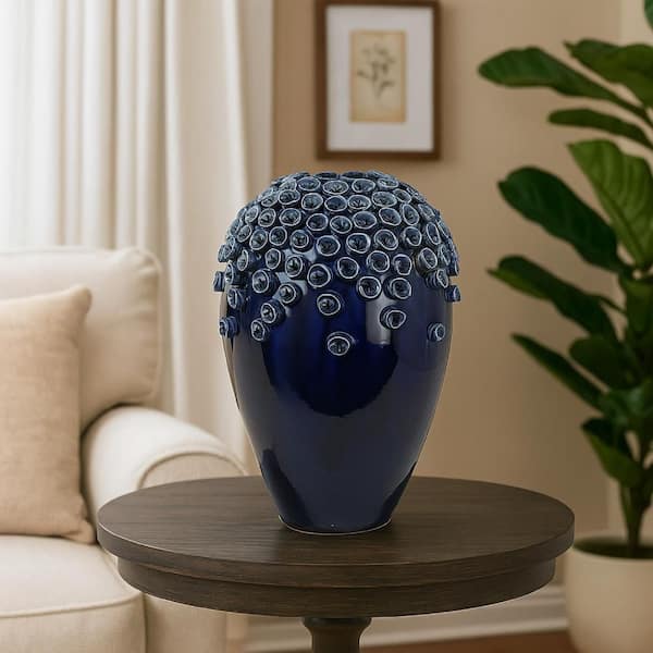 Modern 14.96 in. Deep Blue Ceramic Round Decorative Vase