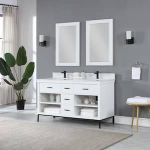 Kesia 60 in. W x 22 in. D x 34 in. H Double Sink Bath Vanity in White with White Composite Stone Top and Mirror