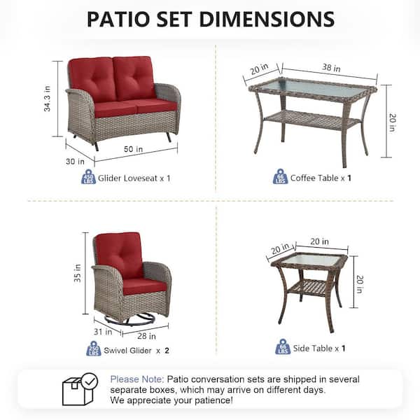SleekArm 5-Piece Gray Wicker Patio Conversation Set with Olefin Gray Cushion/Glider Loveseat with Patio Swivel Chairs