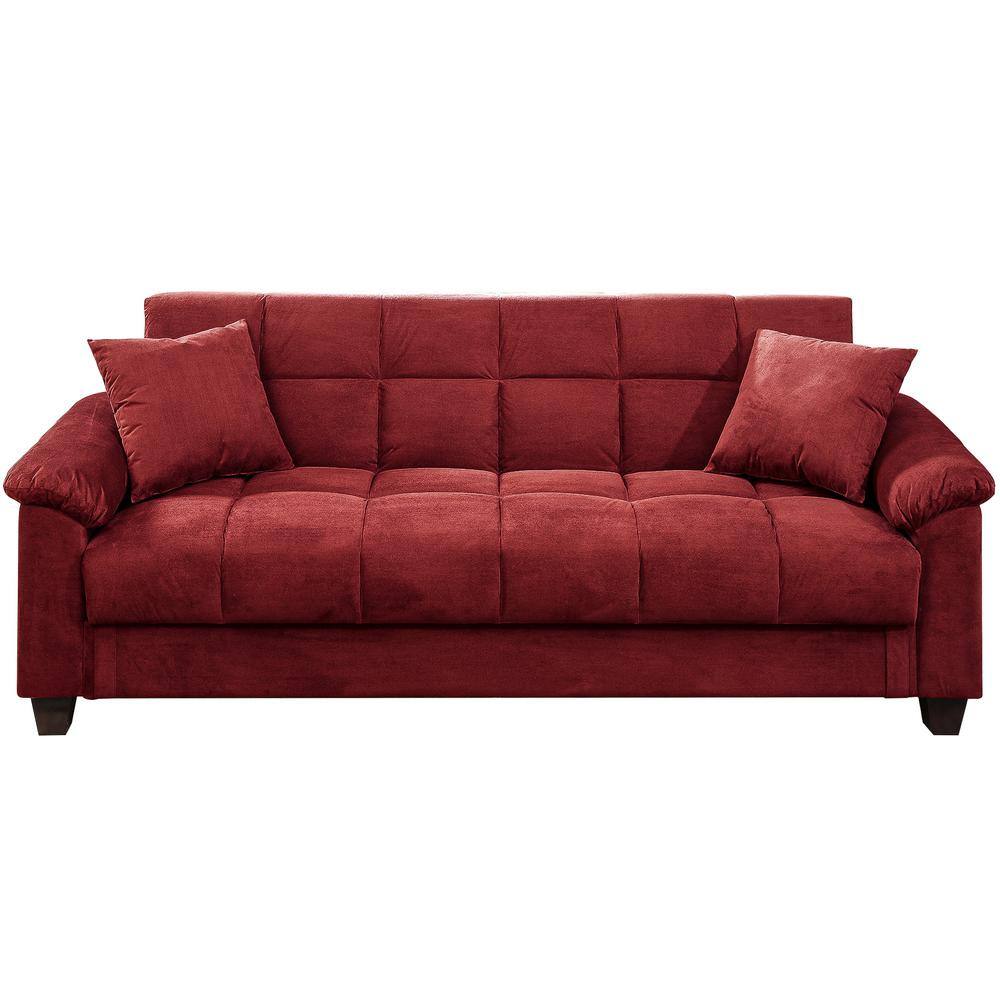 3 Seater Red Microfiber Minimalist Sofa w 2 Pillows Contemporary Modern Design 