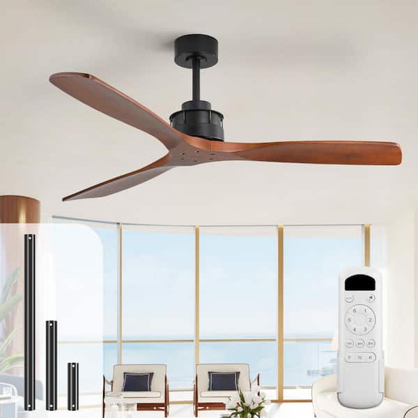 60 in. Indoor/Outdoor Solid Wood Standard Downrod Mount Black Ceiling Fan with Remote Control for Large Room