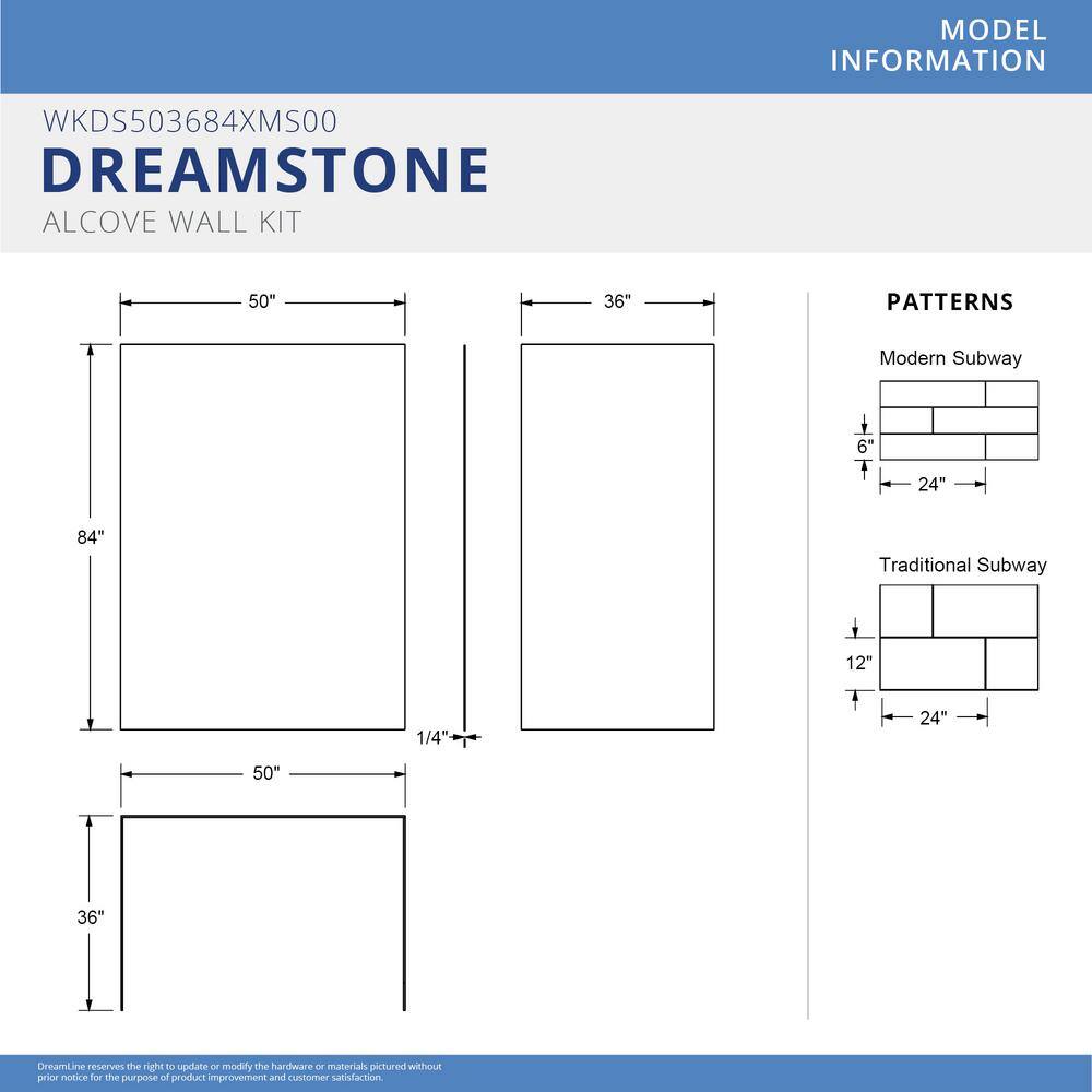 DreamStone White Solid Surface Alcove Shower Wall Kit, 50" x 36" x 84"