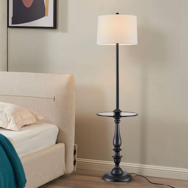 61.25 in. Black 1-Light Standard Floor Lamp for Living Room with Fabric Drum Shade and Glass Table