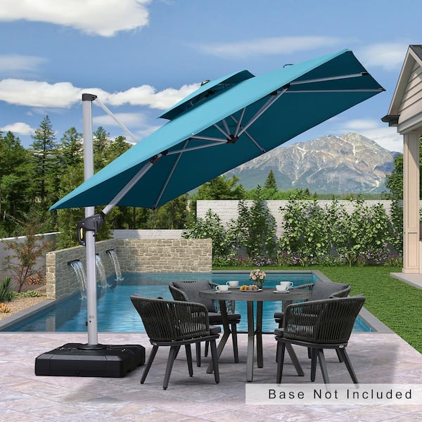 PURPLE LEAF 9 ft. Square Double-top Aluminum Umbrella Cantilever Polyester Patio Umbrella in Turquoise Blue