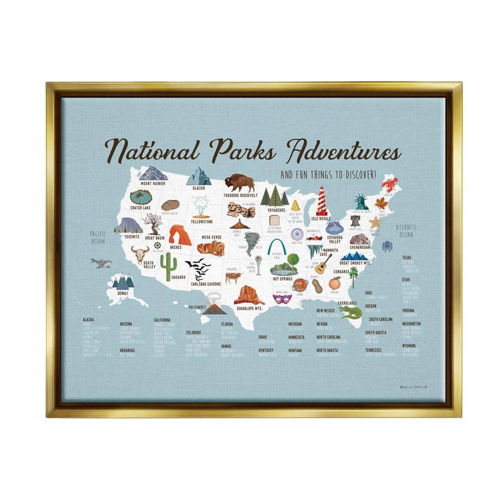 The Stupell Home Decor Collection National Parks Adventures USA Map Design  by Stephanie Workman Marrott Floater Framed Animal Art Print 21 in. x 17