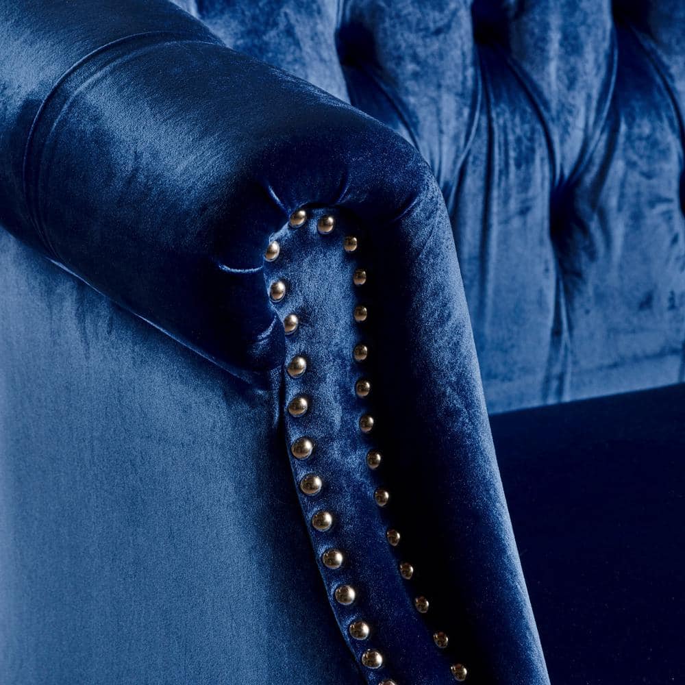 Elegant Navy Blue Velvet Chesterfield Loveseat with Nailhead Accents