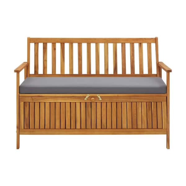 47.2 in. 3-Person Brown Solid Acacia Wood Outdoor Storage Bench with Gray Fabric Cushion