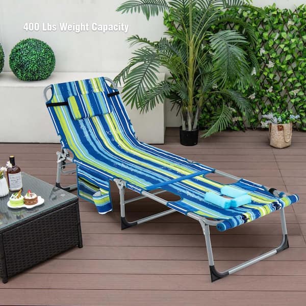 1-Piece Metal Outdoor Folding 5-Position Chaise Lounge with Face Hole & Adjustable Footrest in Navy