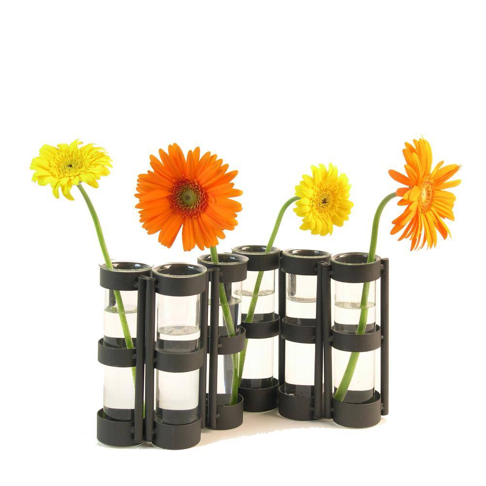 Black Hinged Metal Vase with Six Glass Tubes
