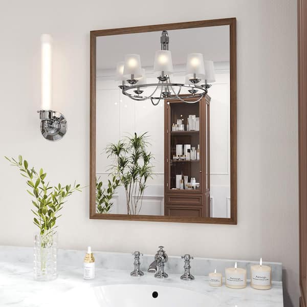 Walnut 22 in. W x 30 in. H Rectangle Farmhouse Wall Mounted Framed Mirror, Anti-Rust Bathroom Vanity Mirrors
