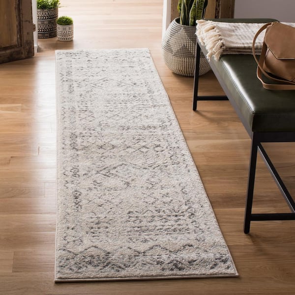 Tulum Ivory/Gray 2 ft. x 12 ft. Border Tribal Distressed Runner Rug