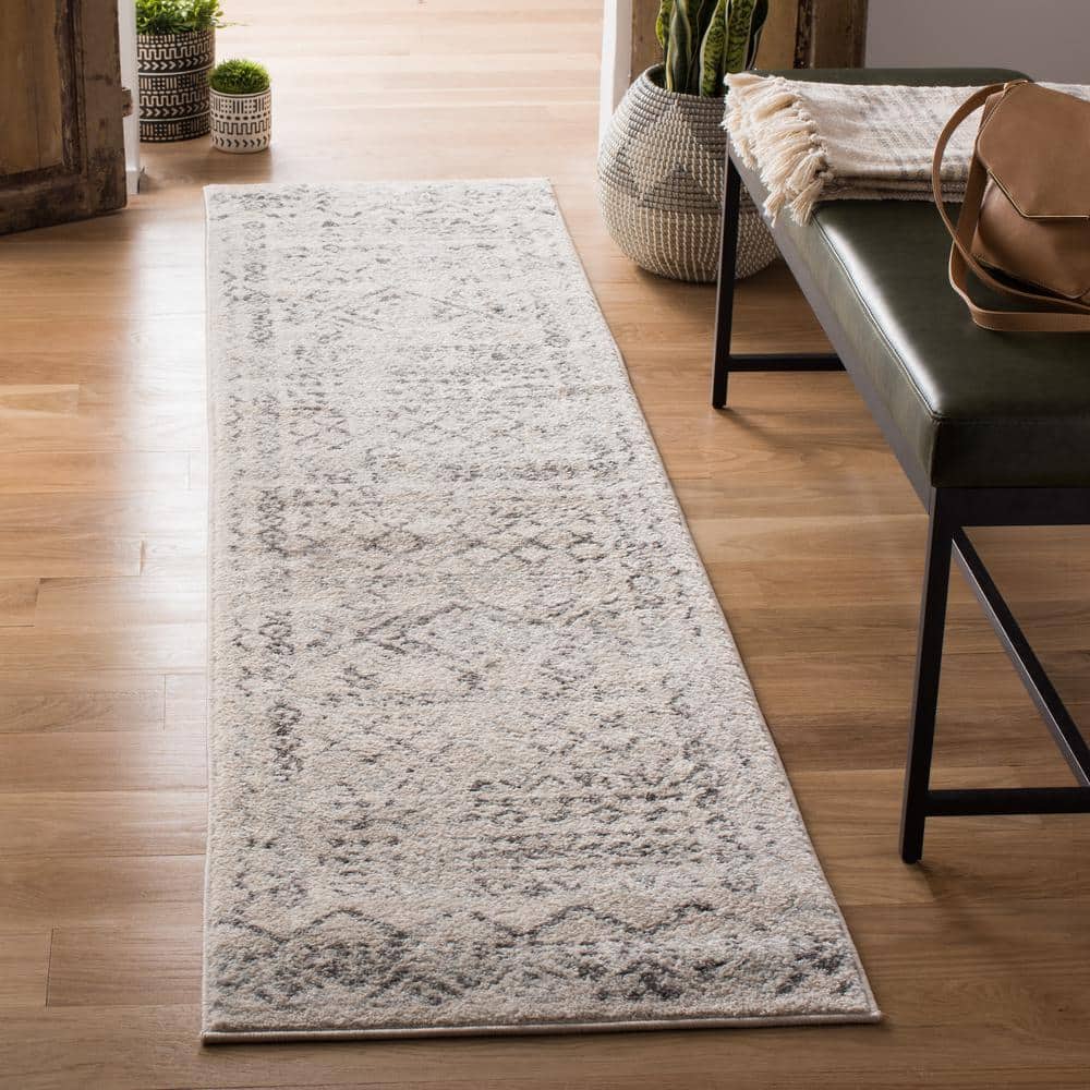 Ivory and Grey Synthetic Runner Rug, 2' x 21'