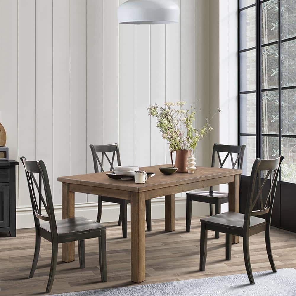 Rustic Black Wood Side Chair with Double-X Back, Set of 2