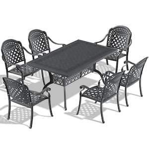 Black Frame 7-Piece Set Of Cast Aluminum Patio Furniture and Seat Cushions in Random Colors