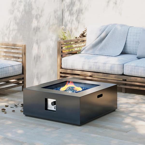 PATIOGUARDER 28 in. Square Iron Outdoor Fire Pit Table with Lid, Blue Glass Stone and Rain Cover in Drak Grey