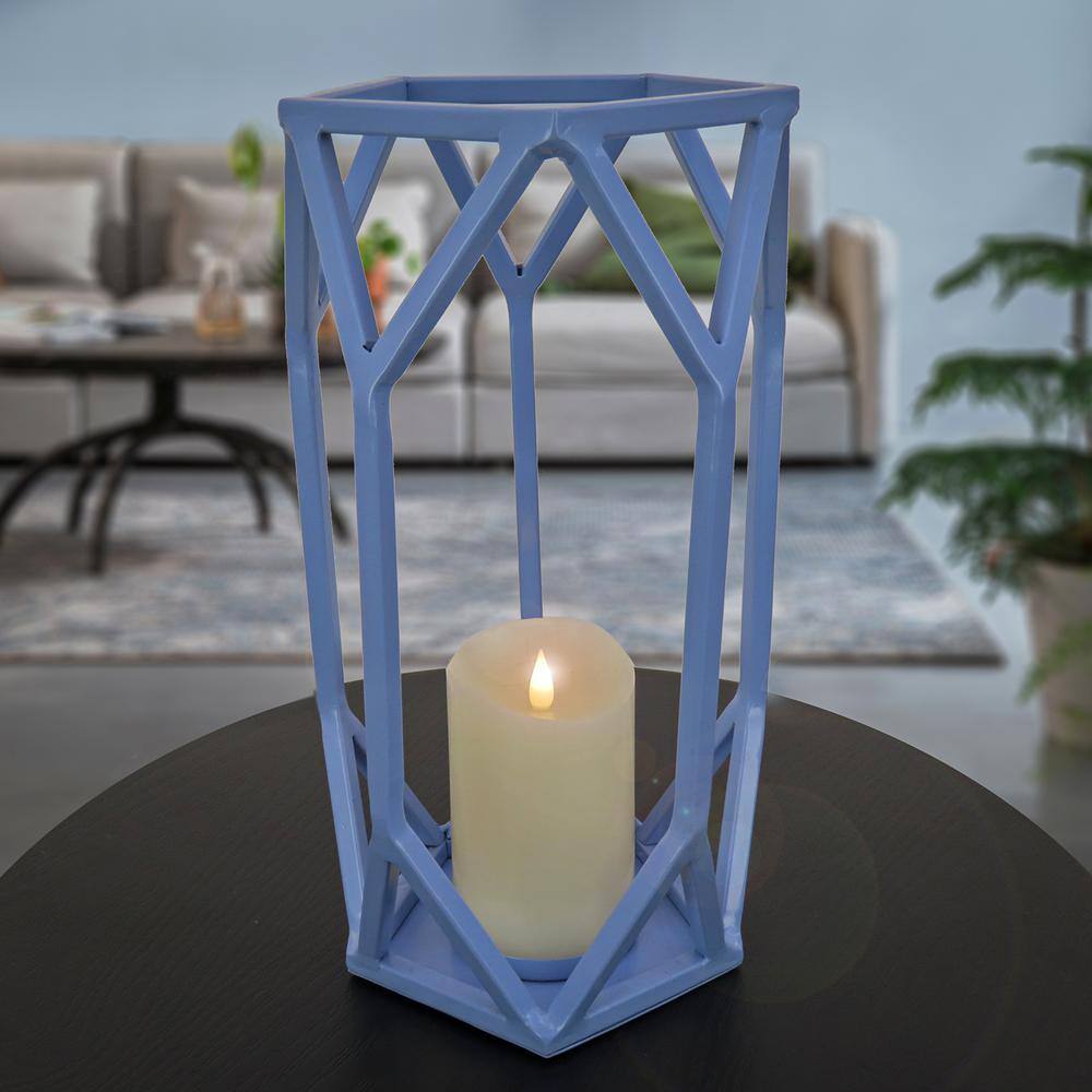 Ice Melt Blue Geometric Steel Hanging Candle Lantern, 14"