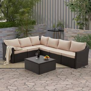 7-Piece Wicker Outdoor Sectional Patio Furniture Conversation Set with Adjustable Bracket and Khaki Cushions for Garden