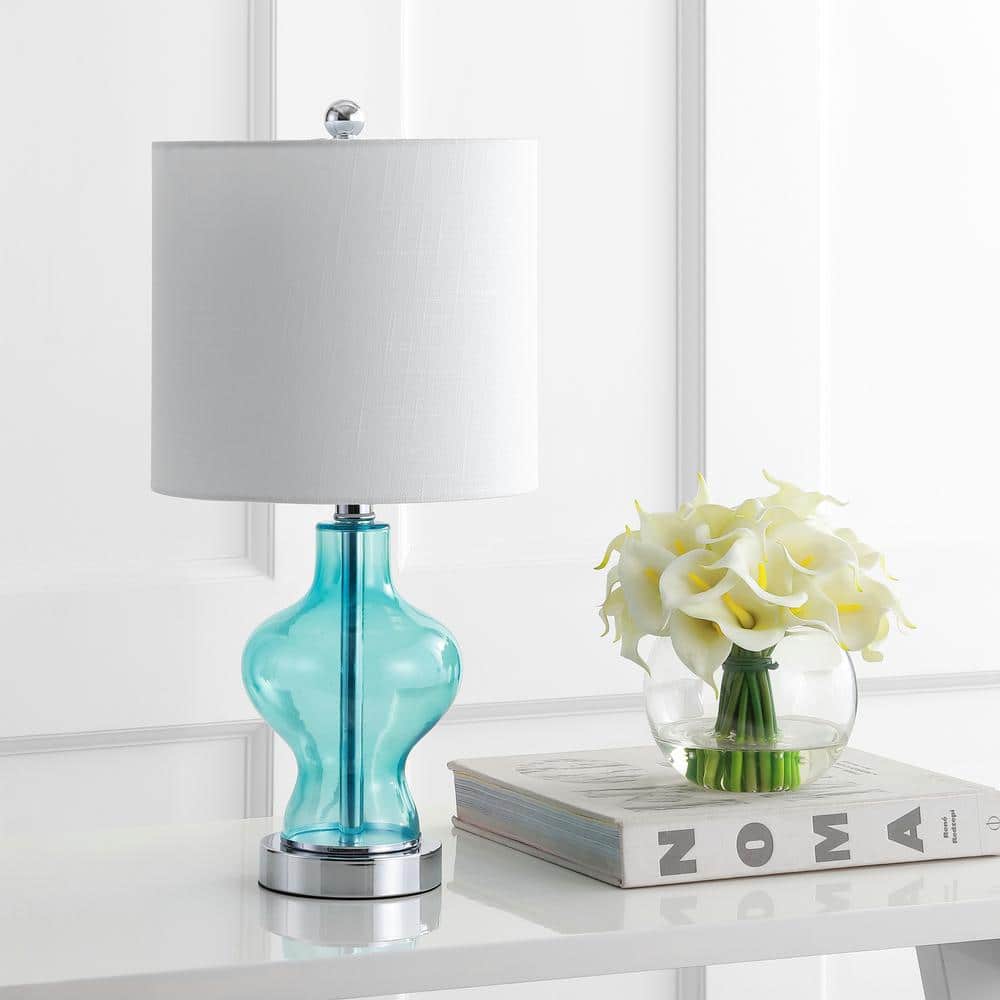 Aqua Glass and Metal LED Table Lamp with White Drum Shade