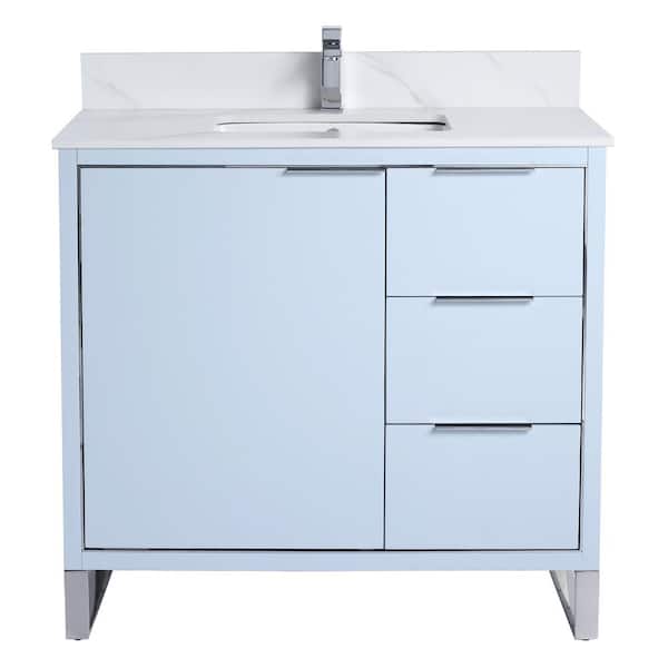 FINE FIXTURES Opulence 36 in. W x 18 in. D x 33.5 in H. Bath Vanity in Pastel Blue with White Carrara Single sink Top
