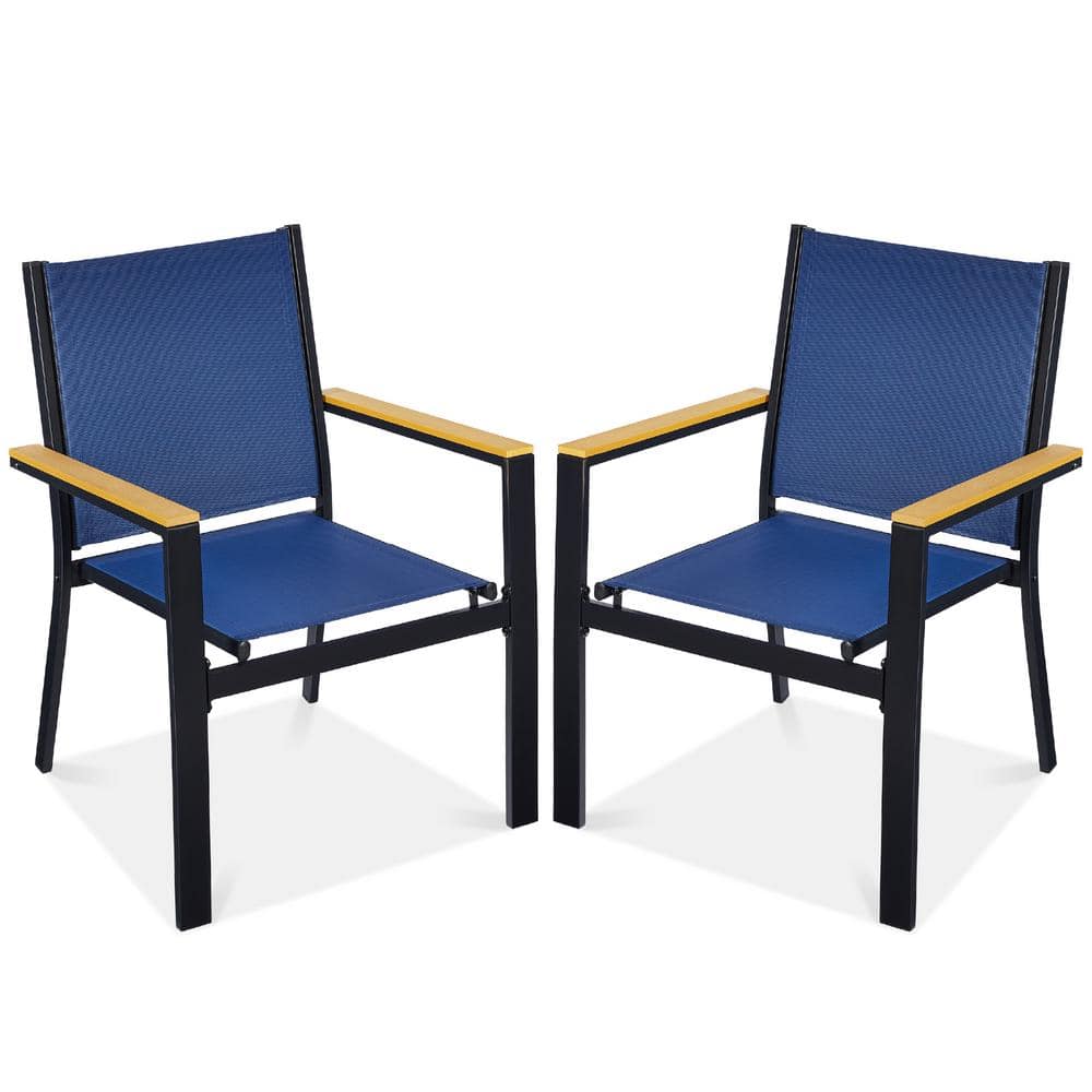 Set of 2 Blue Metal Armchairs with Wooden Armrests