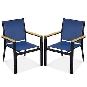 Set of 2 Black Textilene Chairs with Armrests, Steel Conversation Accent Furniture for Patio