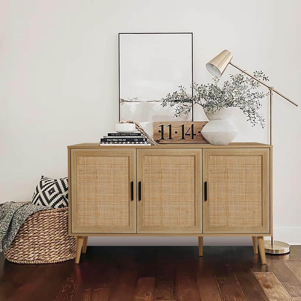 Light Oak 3-Door Rattan and Wood Sideboard Cabinet