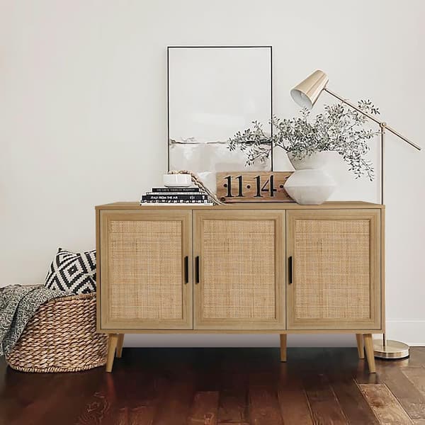 LuxenHome Light Oak 27.76 in. H 3-Door Rattan Wood Sideboard